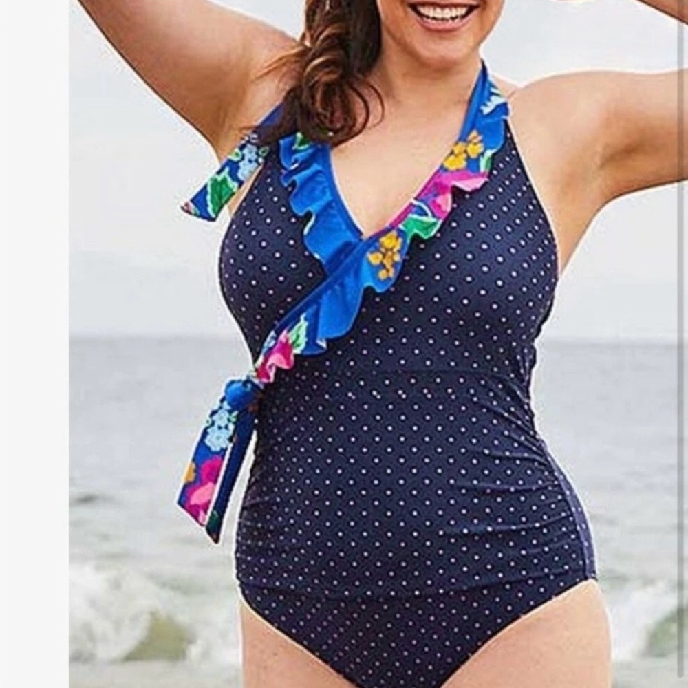 Matilda Jane Women’s Small Polka Dot with Floral Ruffle One Piece Swimsuit